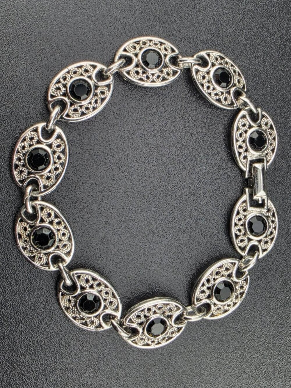 Vintage Emmons Silver Filigree Black Rhinestone 7" Tennis Bracelet